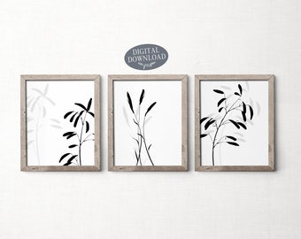 Minimalist Set of Prints, Botanical Print Set, Printable Wall Art, Gallery Wall Set of 3 Prints, Leaf Black and White Printable Artwork