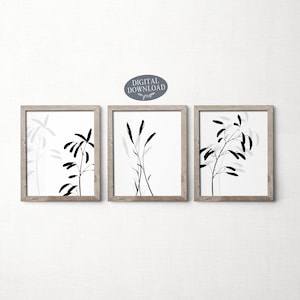 Minimalist Set of Prints, Botanical Print Set, Printable Wall Art, Gallery Wall Set of 3 Prints, Leaf Black and White Printable Artwork