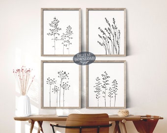 Gallery Wall Set of 4 Botanical Illustrations, Black and White Printable Wall Art, Minimalist Wildflower Digital Download Wall Decor Prints