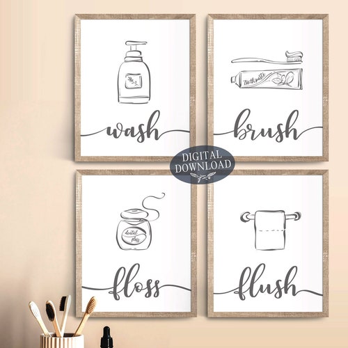 GREY Printable Bathroom Wall Decor Wash Brush Floss Flush | Etsy