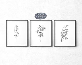 Botanical Print Set, Black and White Printable Wall Art, Set of 3 Prints, Leaf Prints, Kitchen Prints, Dining Room Minimalist Wall Decor