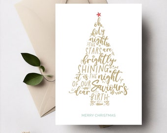 Cartolina di Natale stampabile, cartolina di buon Natale moderna e minimale con albero di Natale a forma di Oh Holy Night, carina cartolina d'auguri di Natale 5x7
