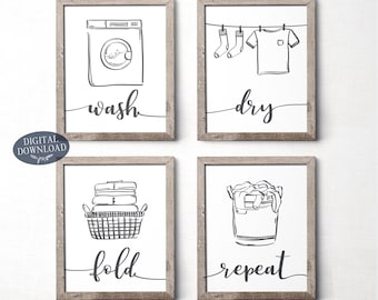 Decoración de lavandería gris, juego de 4 impresiones grises para lavar, secar, doblar y repetir. Ideal para cuarto de lavado, cocina o lavadero.