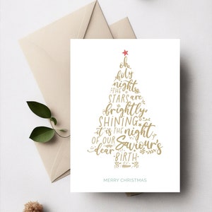 Cartolina di Natale stampabile, cartolina di buon Natale moderna e minimale con albero di Natale a forma di Oh Holy Night, carina cartolina d'auguri di Natale 5x7
