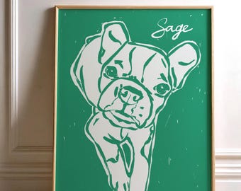 Peut inclure: Une impression en ligne art verte et blanche d'un chien avec le nom "Sage" écrit en texte blanc.