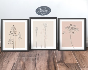 Terracotta Botanical Print Set, Printable Wall Art, Set of 3 Prints, Minimalist Neutral Colour Line Art Gallery Wall Decor, Digital Download