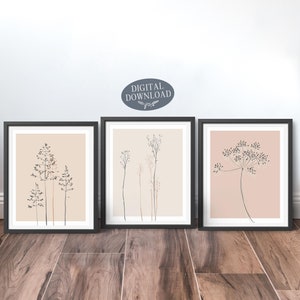 Terracotta Botanical Print Set, Printable Wall Art, Set of 3 Prints, Minimalist Neutral Colour Line Art Gallery Wall Decor, Digital Download