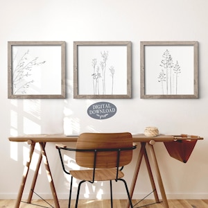 Square Gallery Wall Set of 3 Prints, Botanical Printable Wall Art, Wildflower Black & White Prints, Living Room Wall Decor, Digital Download