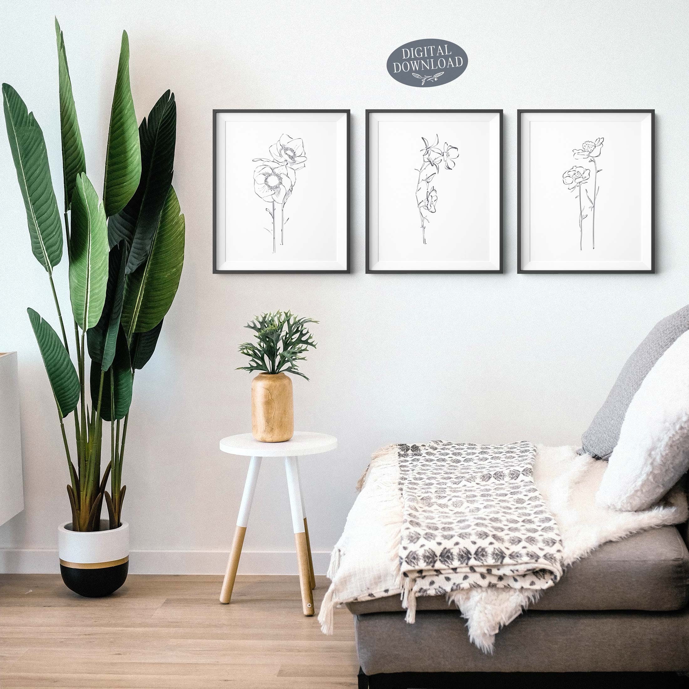 Grey Botanical Printable Wall Art, Botanical Print Set, Set of 3 Prints ...