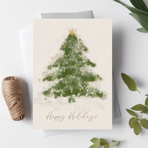 Druckbare Weihnachtskarte, Vintage Stil Aquarell Weihnachtsbaum Jahreszeiten Grußkarte, digitaler Download Frohe Feiertage Weihnachtskarte