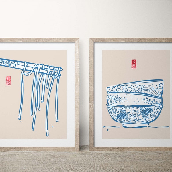 Druckbare Ramen-Drucke, Ramen-Schalen und Nudel-Stäbchen-Küche-Wand-Kunst, Geschenk für Feinschmecker, digitaler Download Poster-Set