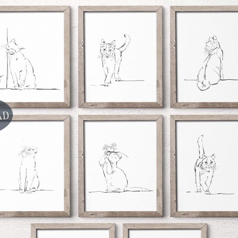 Cats Printable Wall Art, Gallery Wall Set of 8 Prints, Black and White ...