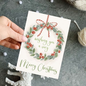 Druckbare Weihnachtskarte, Vintage-Stil Aquarell Weihnachtskranz Jahreszeiten Grüße Karte, digitaler Download 5 x 7 Weihnachtswünsche Karte