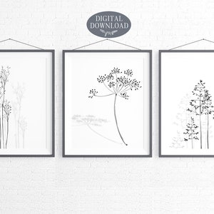 Botanical Print Set, Printable Wall Art, Leaf Line Art Print, Minimalist Black and White Set of 3 Prints For Your Gallery Wall Decor