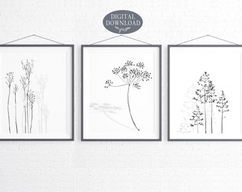 Botanical Print Set, Printable Wall Art, Leaf Line Art Print, Minimalist Black and White Set of 3 Prints For Your Gallery Wall Decor