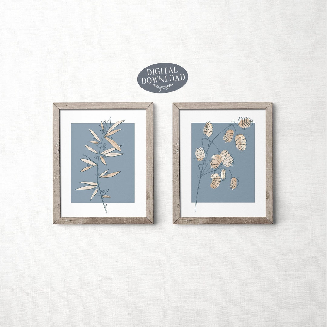 Botanical Print Set, Printable Wall Art, Set of 2 Prints, Blue and Gold ...