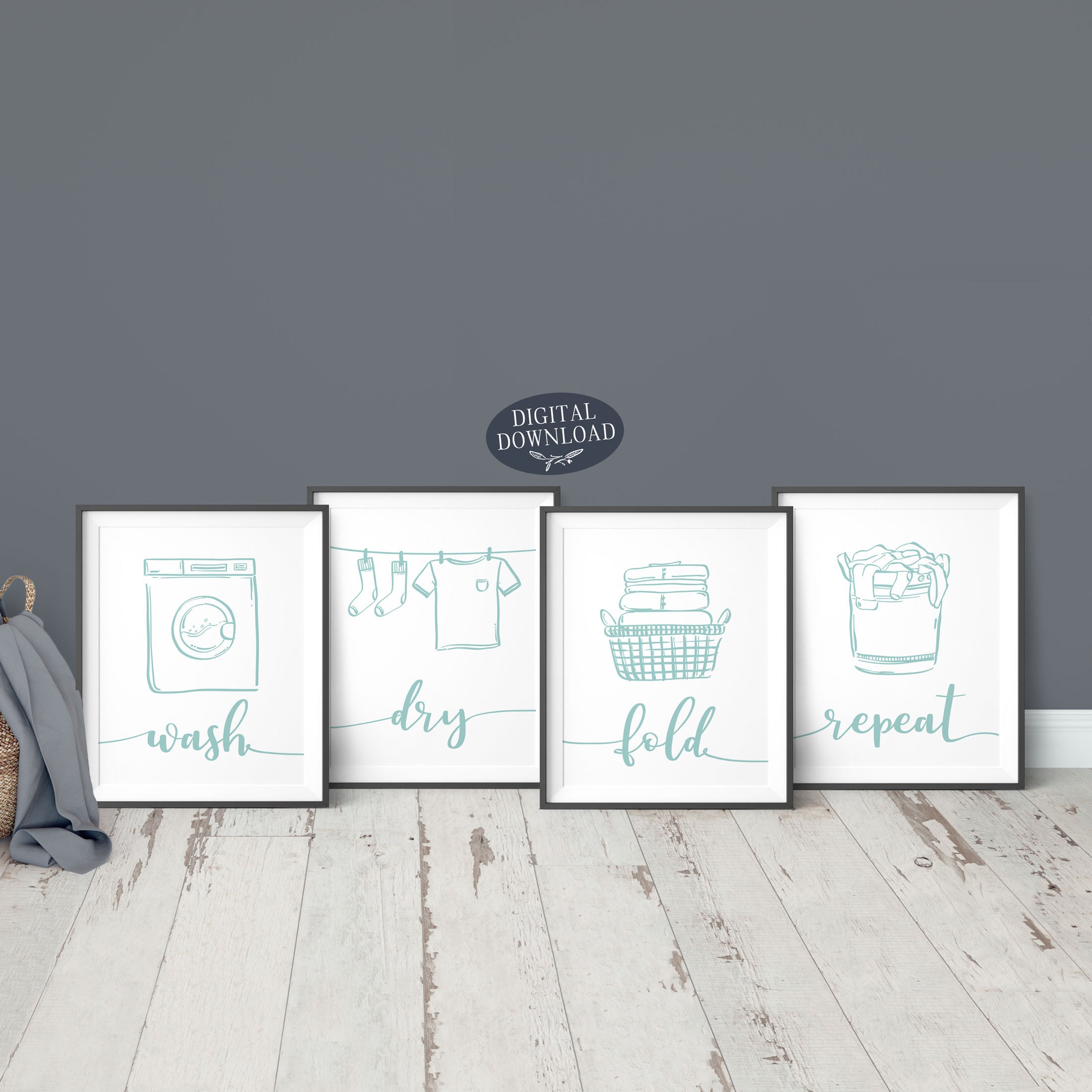 TEAL Laundry Room Decor, Wash Dry Fold Repeat, Printable Wall Art, Set ...