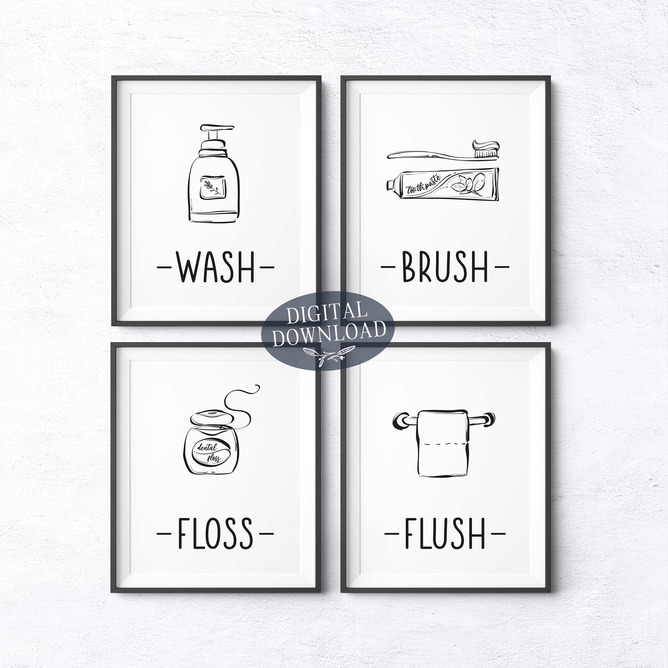 Wash Brush Floss Flush Kids Bathroom Wall Art Gallery Wall | Etsy