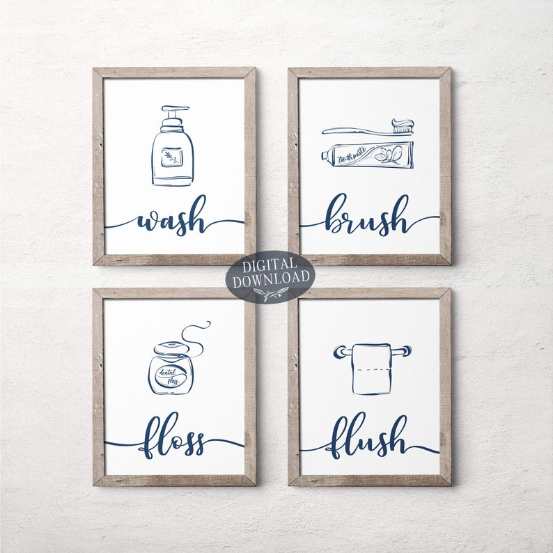 Navy Blue Bathroom Wall Decor Wash Brush Floss Flush Etsy