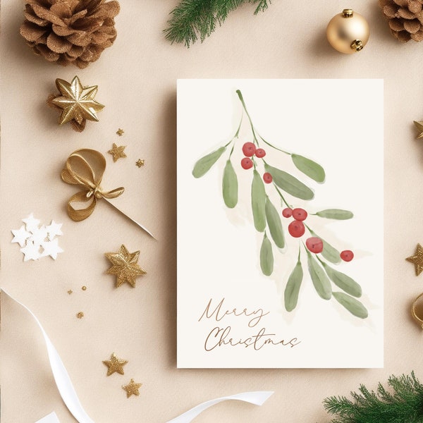 Printable Christmas Card, Watercolor Merry Christmas Holy 5x7 Card, Modern Christmas Winter Holidays Greeting Card, Digital Download