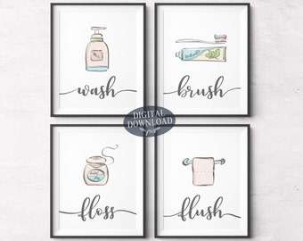 GREY Printable Bathroom Wall Decor Wash Brush Floss Flush | Etsy
