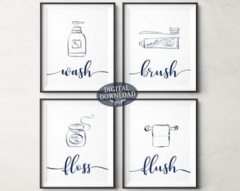 Navy Blue Bathroom Wall Decor, Wash Brush Floss Flush Printable Wall Art, Printable Gallery Wall Set of 4 Prints, Bathroom Line Art Sign