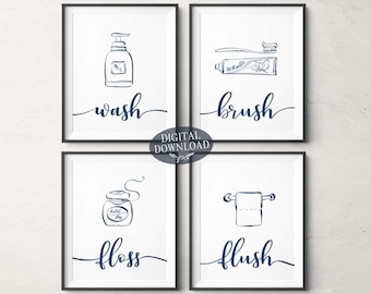 Navy Blue Bathroom Wall Decor, Wash Brush Floss Flush Printable Wall Art, Printable Gallery Wall Set of 4 Prints, Bathroom Line Art Sign