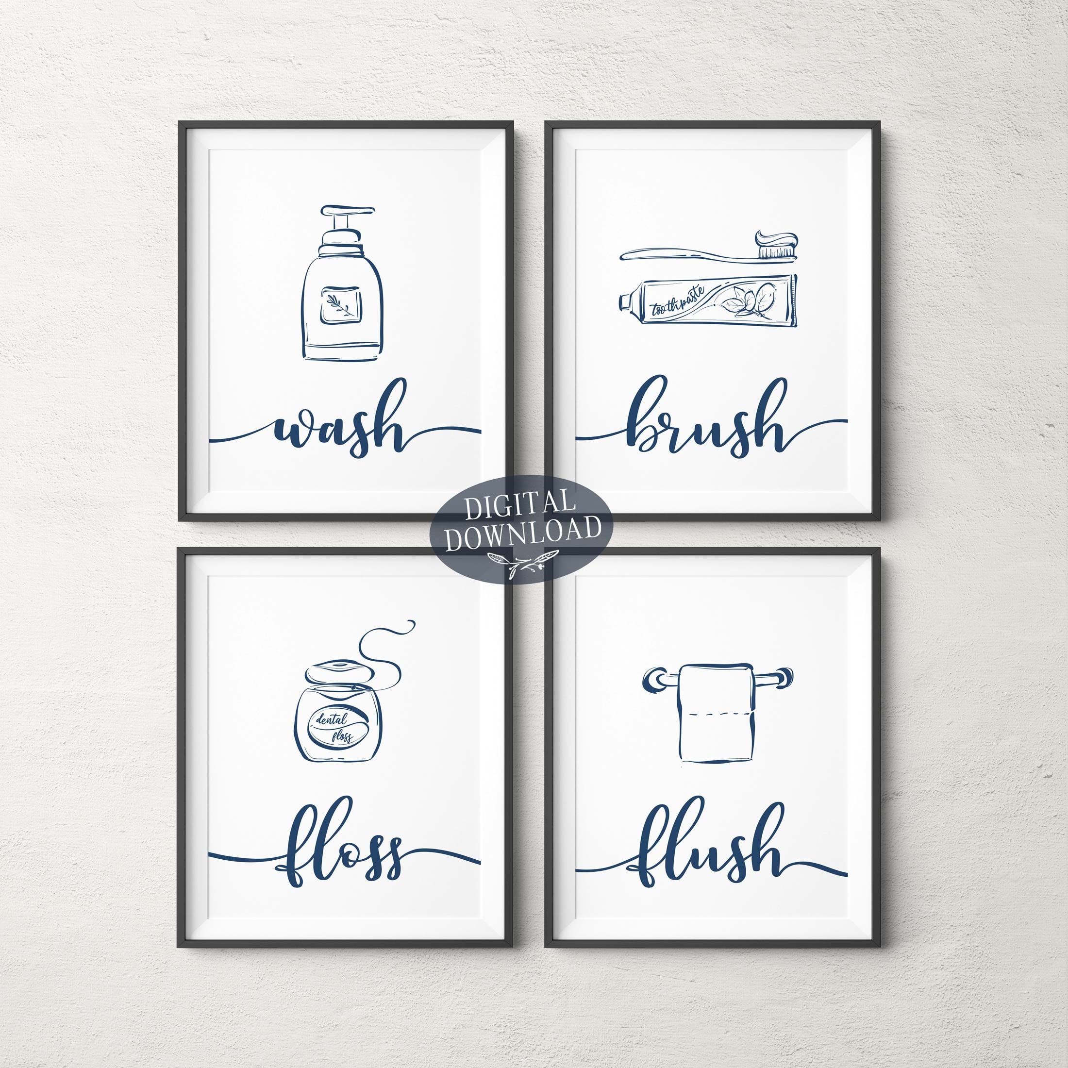 Navy Blue Bathroom Wall Decor, Wash Brush Floss Flush Printable Wall Art, Printable Gallery Wall Set of 4 Prints, Bathroom Line Art Sign