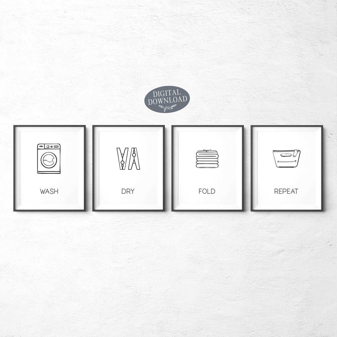 Wash Dry Fold Repeat, Laundry Room Decor, Black and White Printable ...