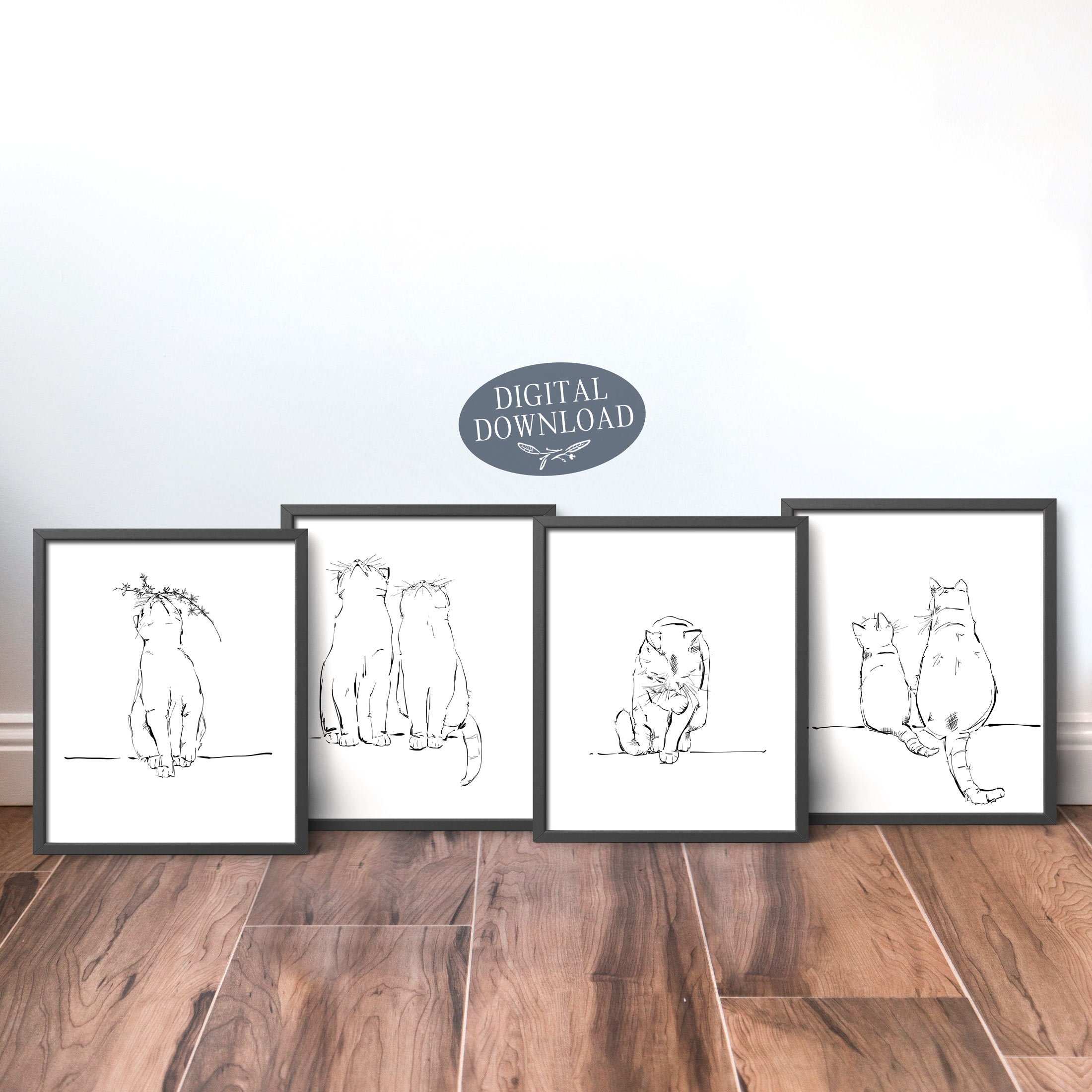 Gallery Wall Set, Cats Printable Wall Art, Set of 4 Prints, Black and ...