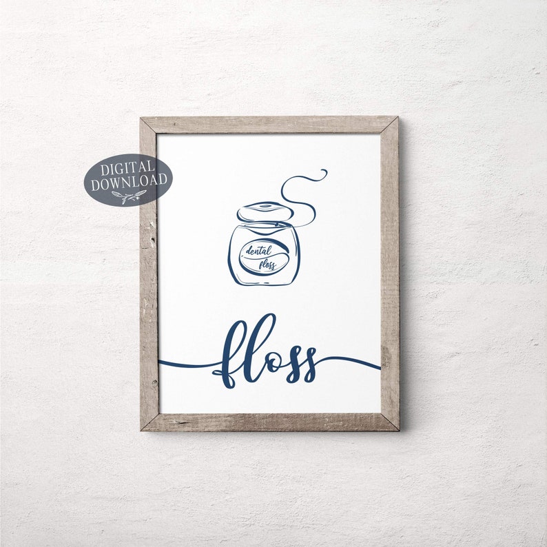 Navy Blue Bathroom Wall Decor Wash Brush Floss Flush Etsy