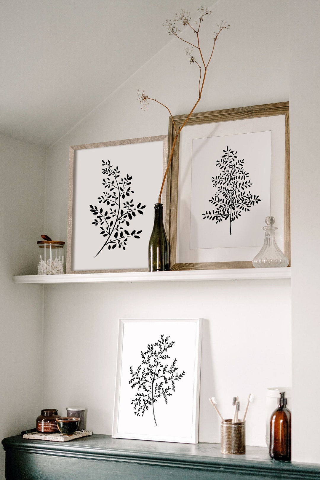 Botanical Set of 3 Prints, Printable Wall Art, Black and White ...