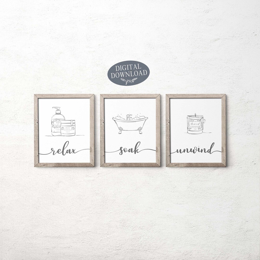 Grey Bathroom Wall Decor Relax Soak Unwind Printable Art Etsy