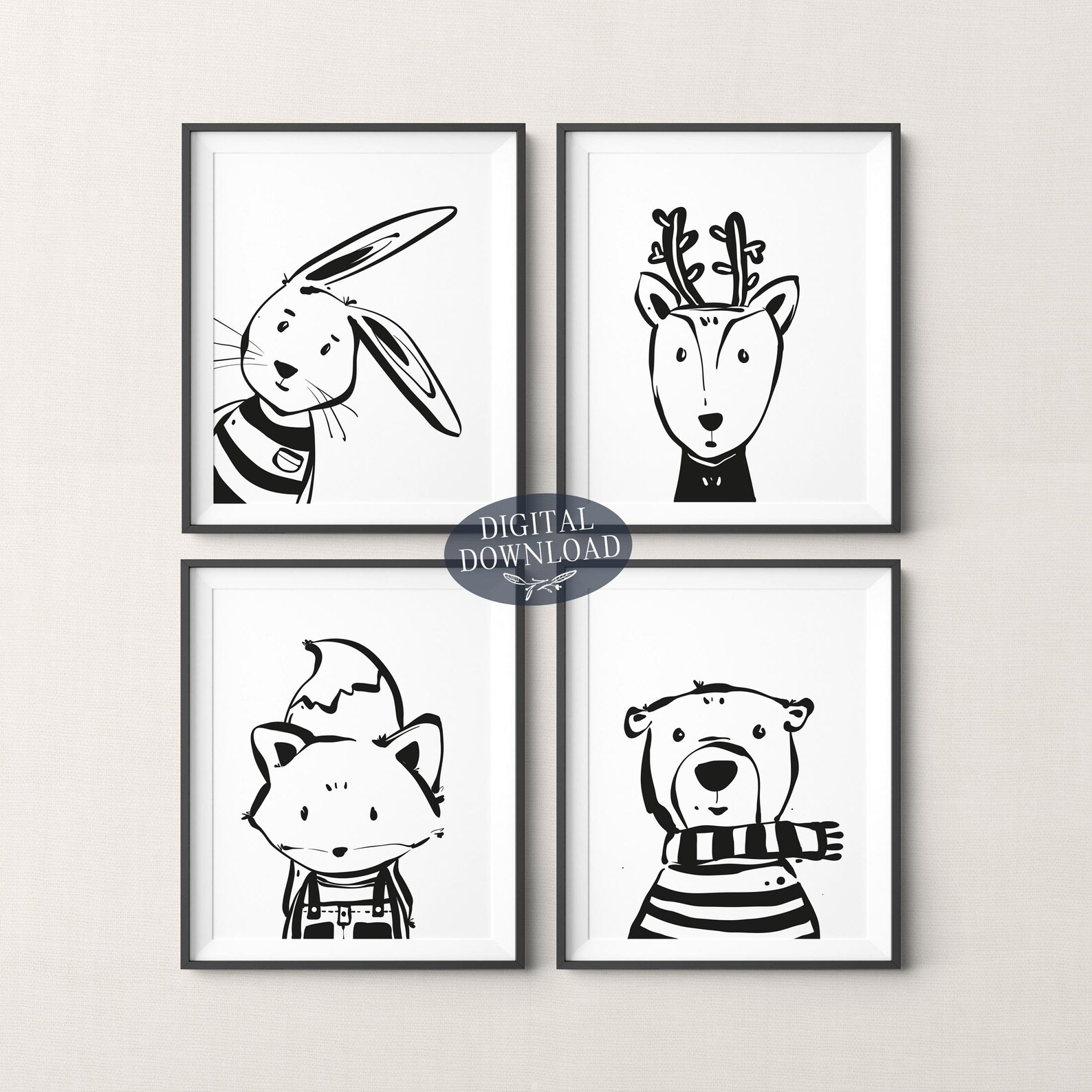Nursery Animal Printable Wall Art, Set of 4 Black and White Kids Room ...