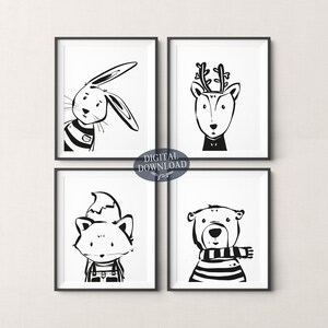Nursery Animal Printable Wall Art, Set of 4 Black and White Kids Room ...