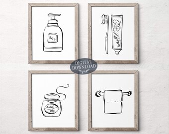 Printable Bathroom Wall Decor, Printable Wall Art, Black and White Gallery Wall Set of 4 Prints, Bathroom Line Art, Wash Brush Floss Flush