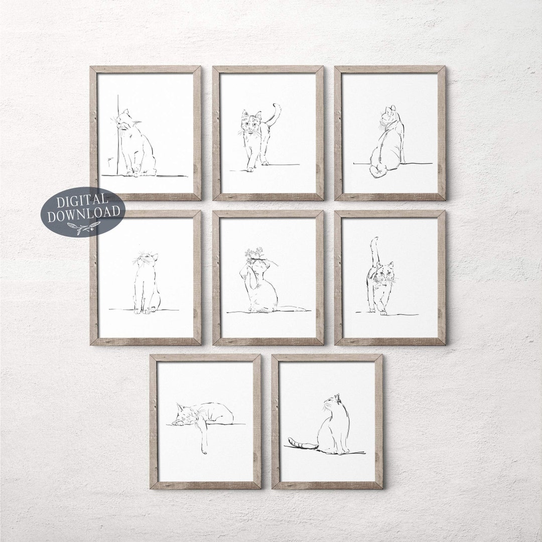 Cats Printable Wall Art, Gallery Wall Set of 8 Prints, Black and White ...