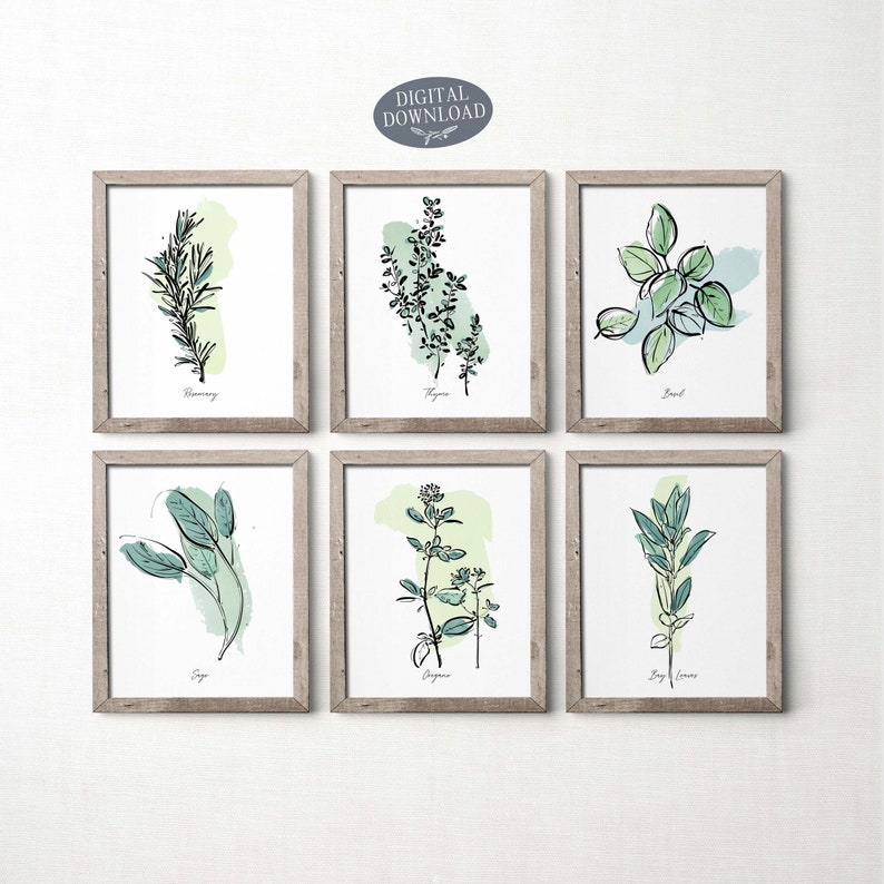 Set of 6 Herb Prints, Printable Kitchen Wall Art, Botanical Print Set ...