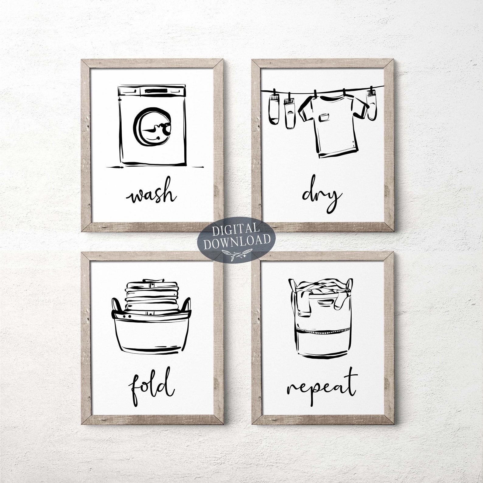 Wash Dry Fold Repeat Printable Laundry Room Decor Black and | Etsy