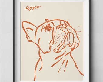 Könnte beinhalten: Eine Linienzeichnung eines französischen Bulldoggen namens "Rosco" in einem verbrannten Orangeton auf cremefarbenem Hintergrund.