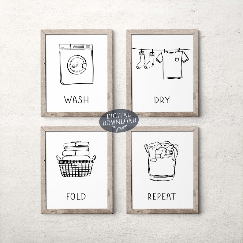 Laundry Room Decor Wash Dry Fold Repeat Black and White Line - Etsy
