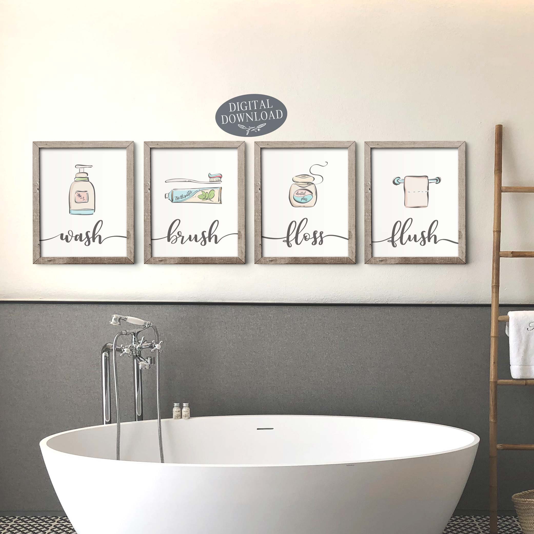 Colorful Bathroom Wall Decor Wash Brush Floss Flush Printable Etsy