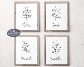 Relax Soak Unwind Breathe Bathroom Wall Decor, Minimalist Printable Wall Art, Set of 4 Prints, Botanical Leafy Printable Gallery Wall Decor