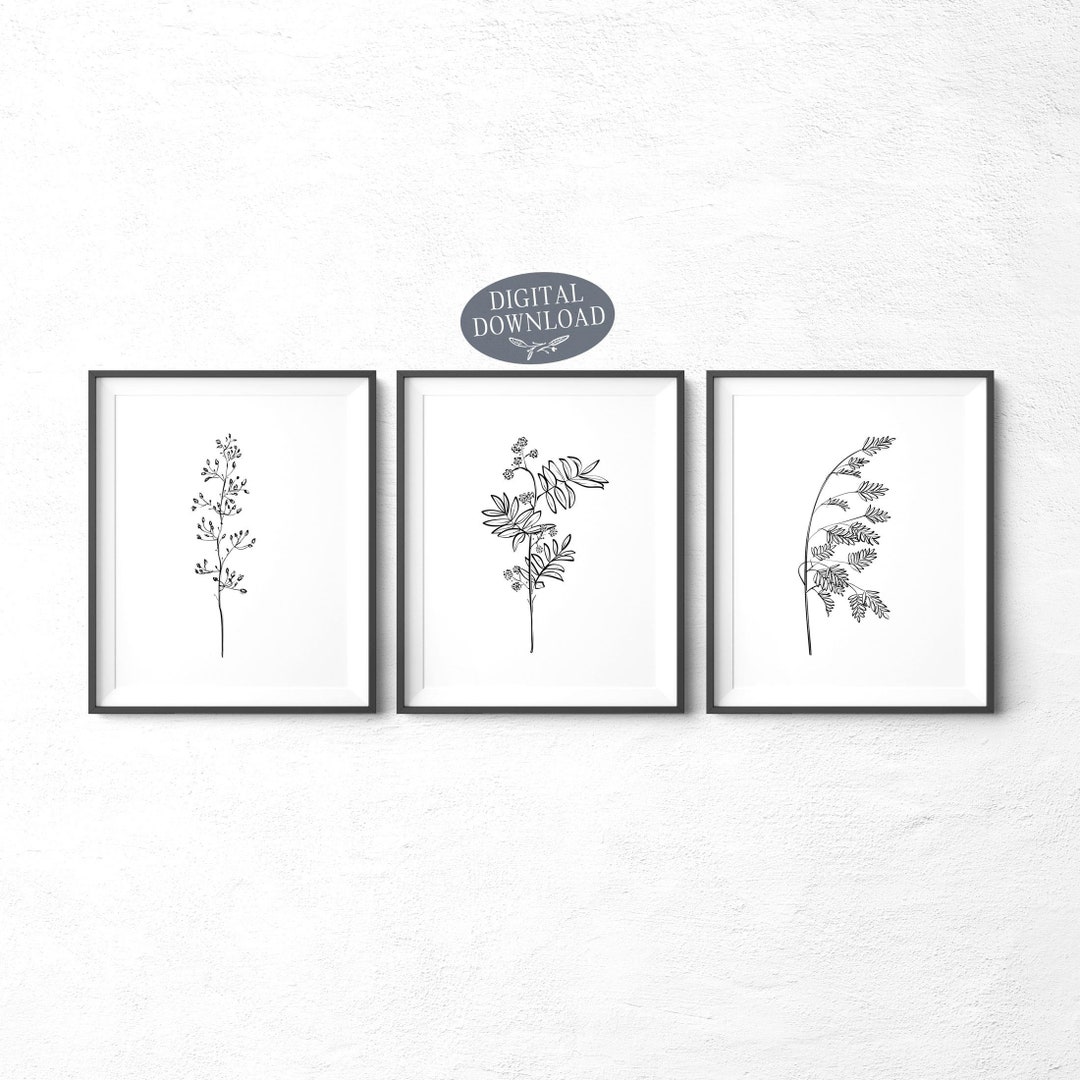 Botanical Print Set, Black and White Printable Wall Art, Set of 3 ...