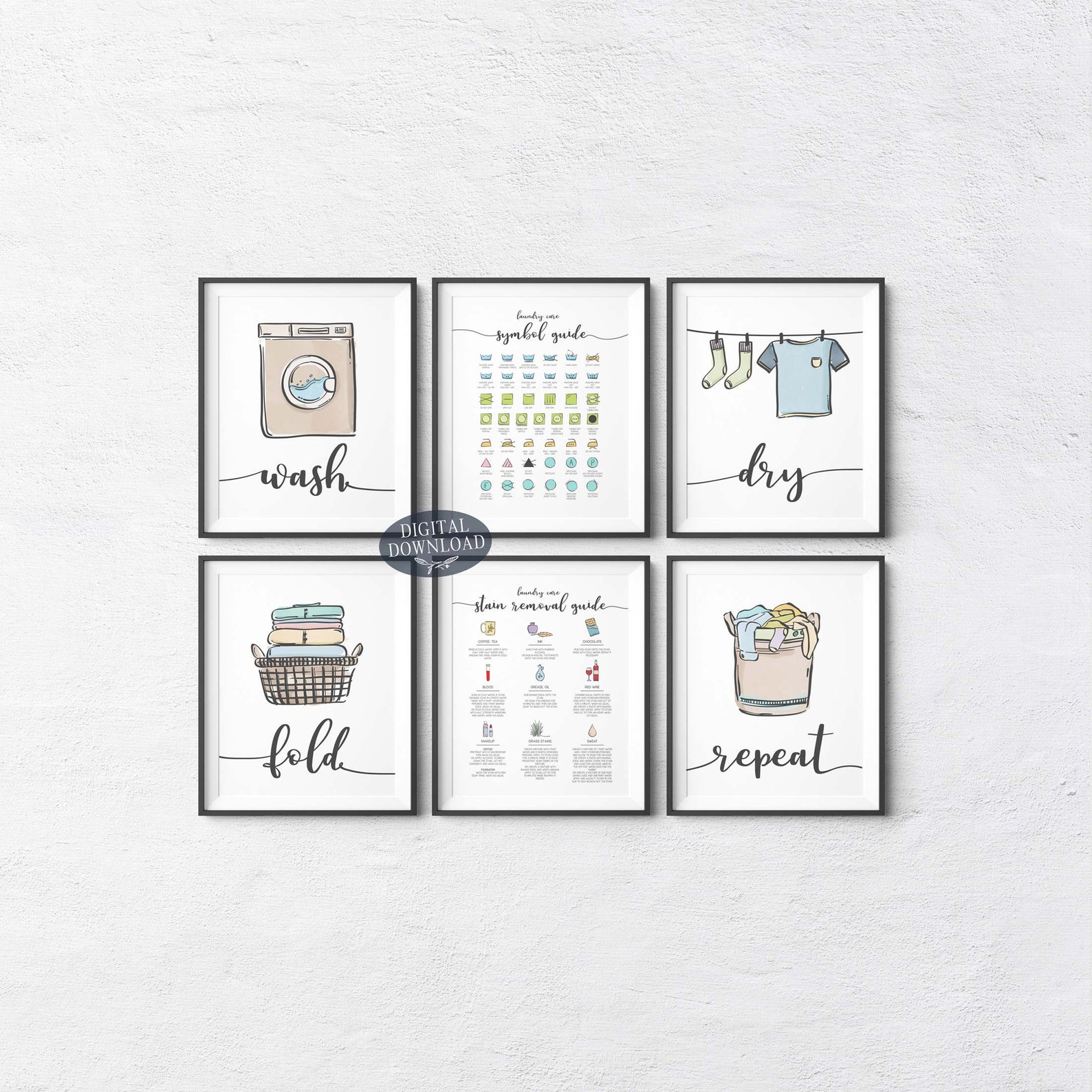 Colorful Laundry Room Decor Printable Wall Art Wash Dry Fold - Etsy