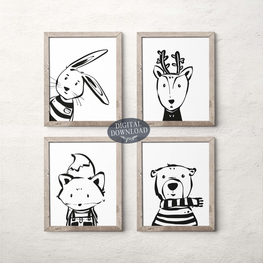 Nursery Animal Printable Wall Art, Set of 4 Black and White Kids Room ...