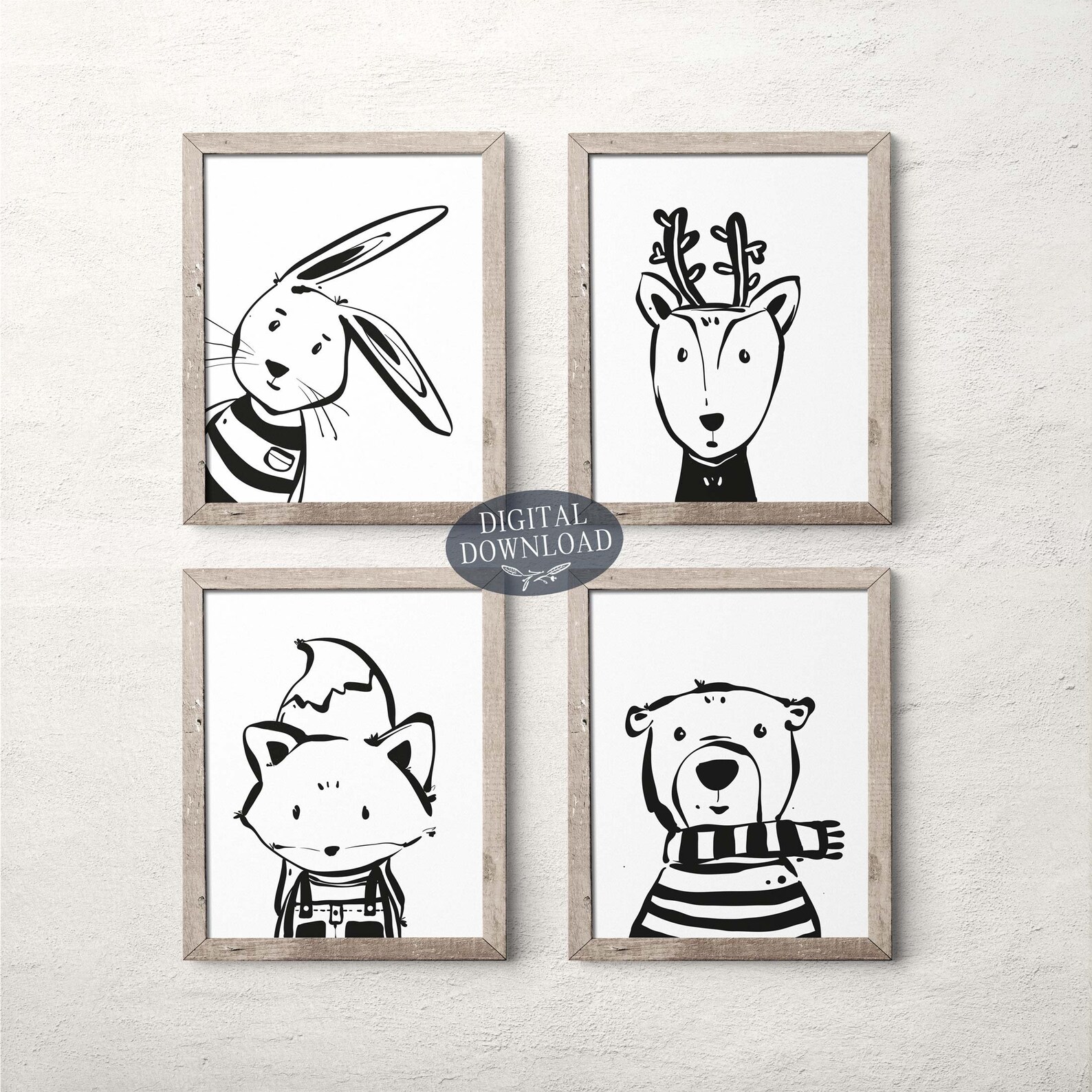 Nursery Animal Printable Wall Art, Set of 4 Black and White Kids Room ...