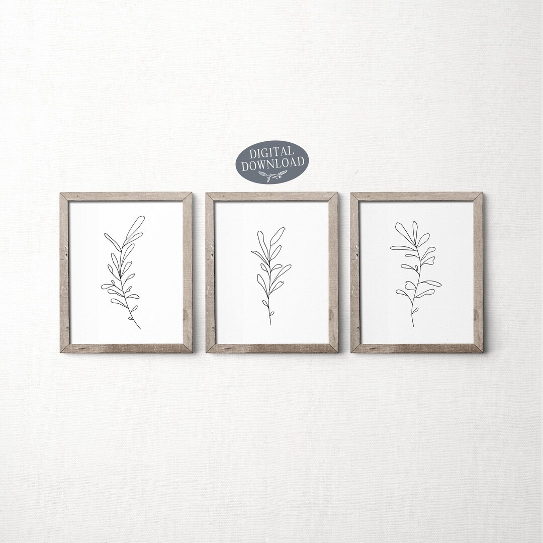 Botanical Print Set, Printable Wall Art, Leaf Line Art, Set of 3 Prints ...