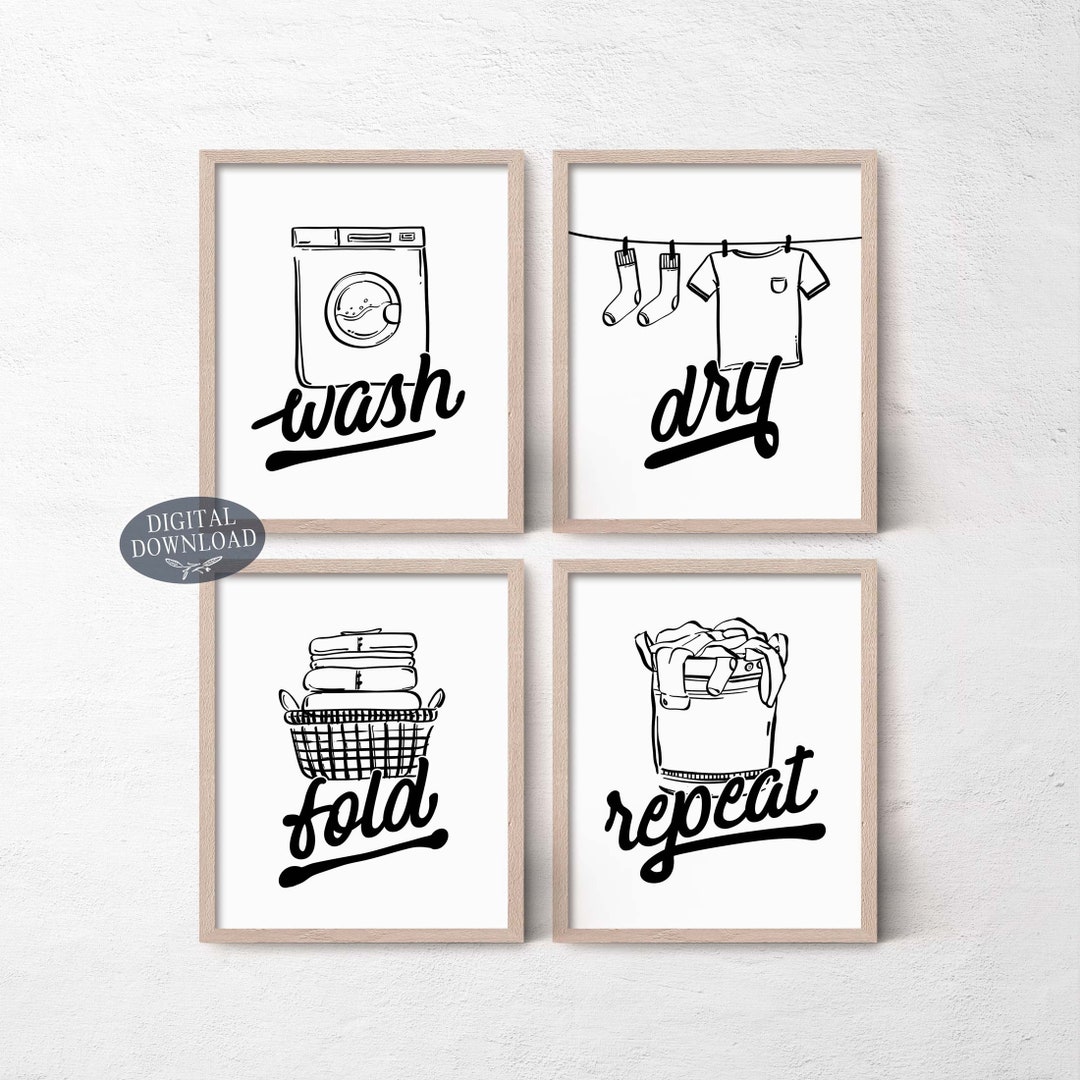 Wash Dry Fold Repeat, Laundry Room Decor, Retro Black and White ...