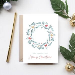 Cartolina di Natale stampabile, cartolina di buon Natale moderna e minimale con ghirlanda di Natale, cartolina d'auguri di Natale in stile folk carino 5x7